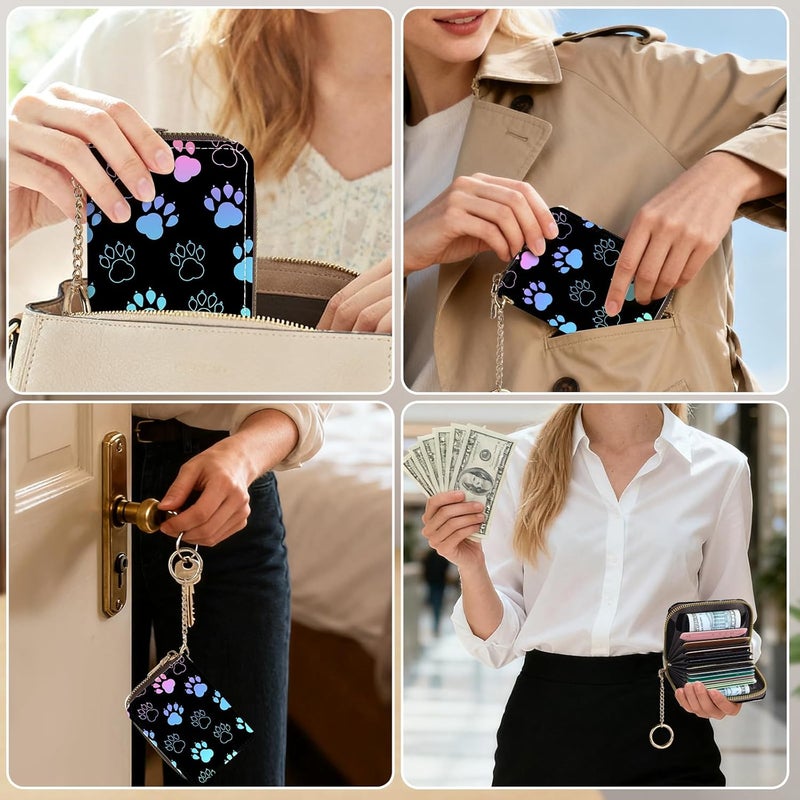 Luoycxy Credit Card Holder for Women,Small Rfid Wallet with Keychain Zipper,Cute PU Leather Card Case Wallet，Accordion Credit Card Wallets Gift,Colorful Paw Prints - Image 5